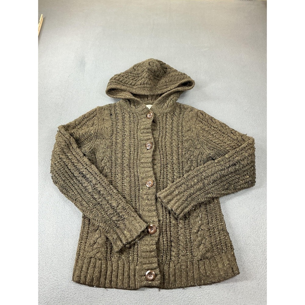 Cambridge Dry Goods Cardigan Sweater Womens M Green Wool Nylon Hooded Cable-Knit